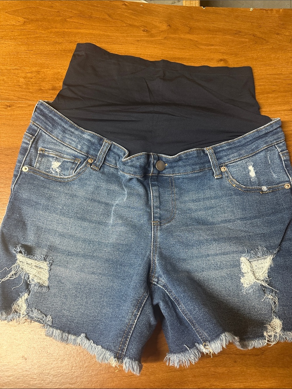Time and Tru Dark Blue Distressed Maternity Denim Shorts with Black Belly Panel